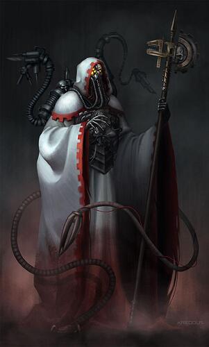 Dessin d'un prêtre techno du monde de warhammer 40k. Un squelette bio-mécanique en robe et capuchon blanc ecclésiastique tient un bâton-hallebarde. De nombreuses tentacules mécaniques avec diverses outils sont accrochées a son dos.